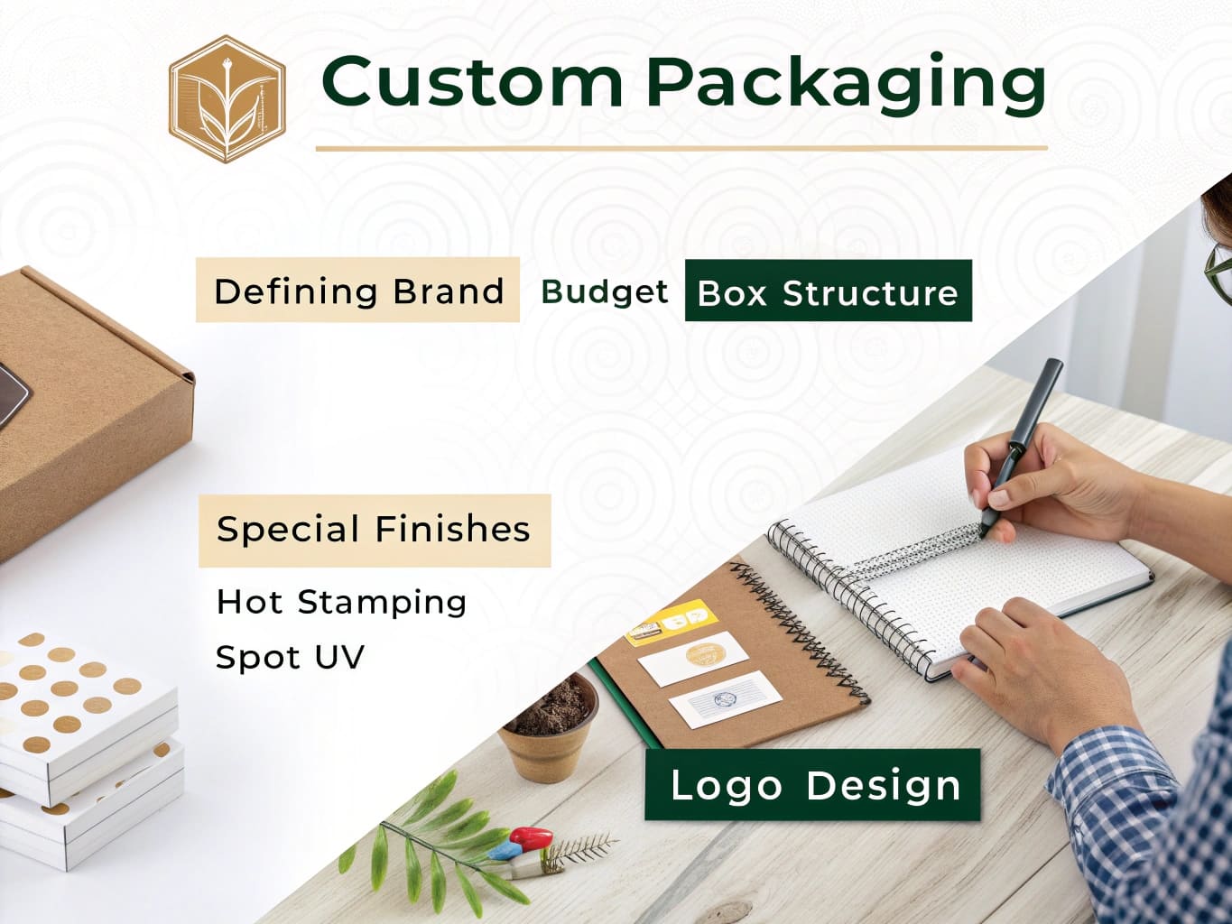 A collection of custom-designed packaging boxes on a workshop table.