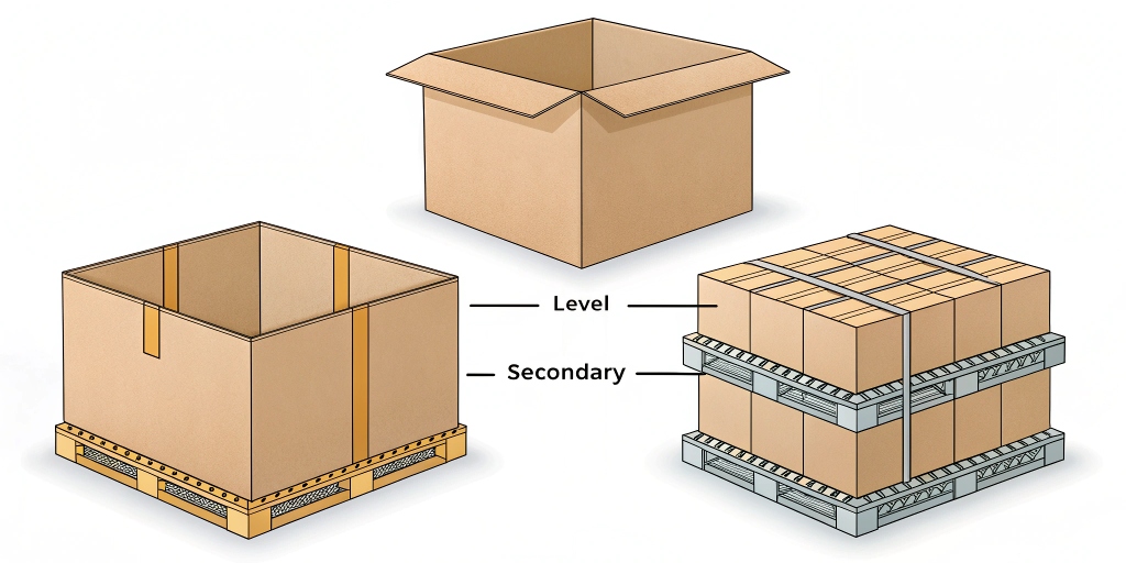 Three images side-by-side: a colorful cereal box, a plain brown box with shipping labels, and a box with custom foam inserts.