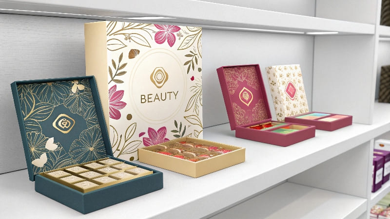 A collection of beautifully designed custom [cosmetic boxes](https://wansapackaging.com/6-ways-to-create-luxury-packaging-design/)<sup id=
