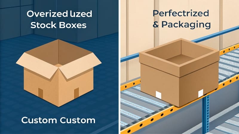Custom Packaging Reducing Shipping Costs A perfectly sized custom box next to a larger stock box that requires bubble wrap fill.