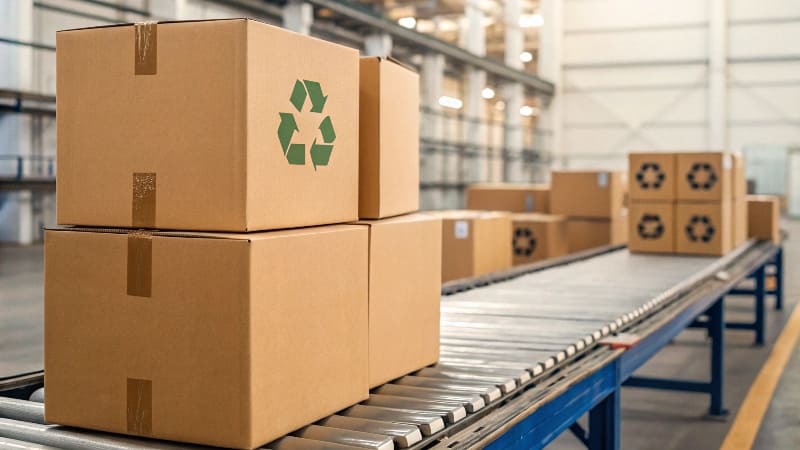 Shipping Box with Company Logo A branded shipping box on a doorstep, clearly showing a company logo.