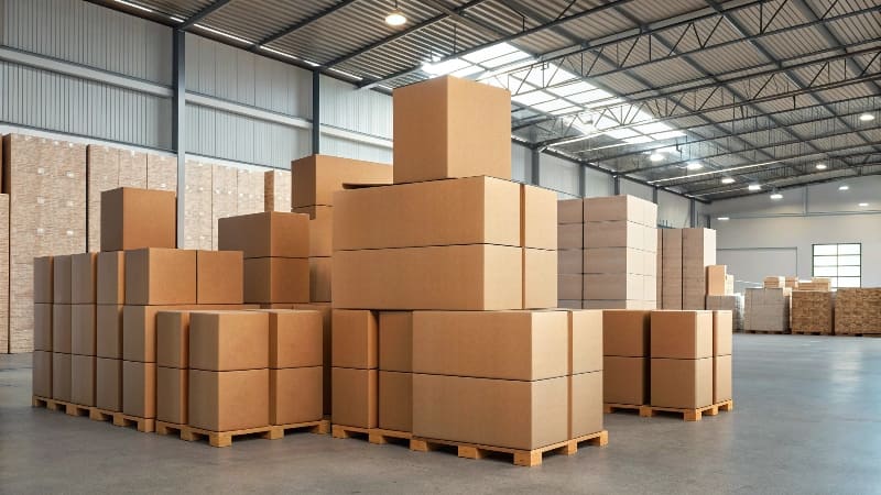 Global Sourcing for Custom Boxes A world map with a shipping line connecting a factory in China to a business in another country.