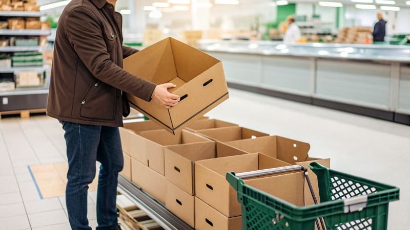 Free Used Cardboard Boxes from a Store A neatly folded stack of used cardboard boxes sitting outside the back of a retail store.