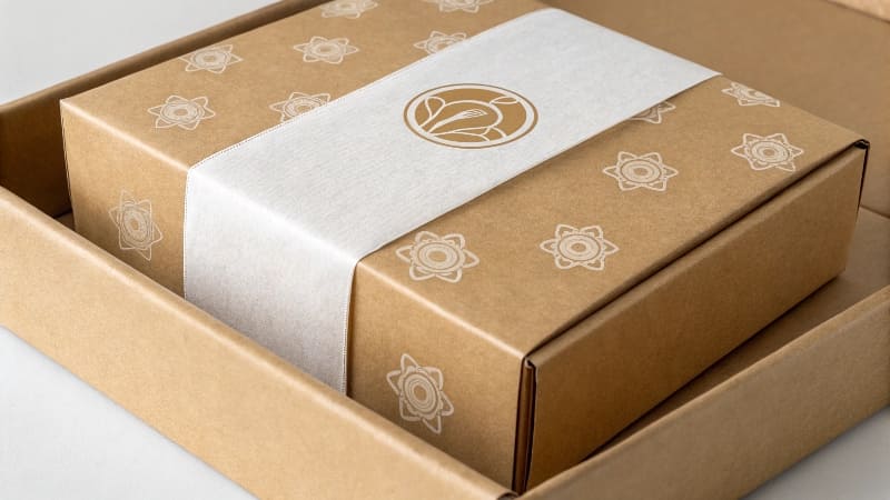 Printed Logo vs. Hot Stamped Logo A side-by-side comparison of a box with a flat printed logo and another with an indented metallic foil logo.