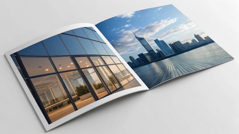A professionally designed booklet open on a desk, showing a clean layout and vibrant images.