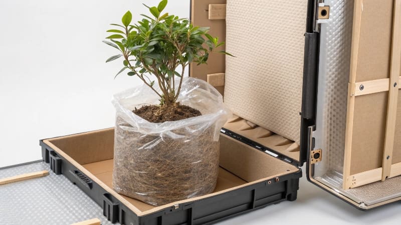 How to Pack and Ship Plants Safely A plant being carefully packed into a shipping box with padding.