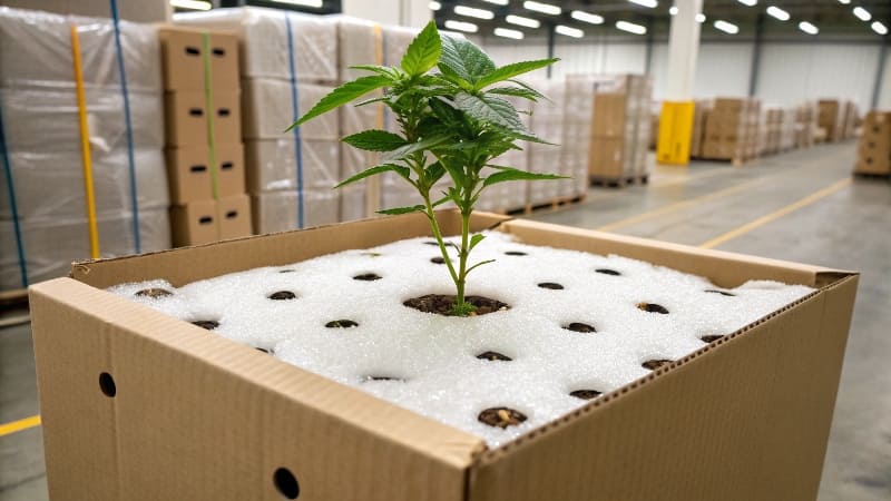 Shipping Plants Without Them Dying A shipping box for plants labeled with "Live Plant" and "This Side Up" stickers.