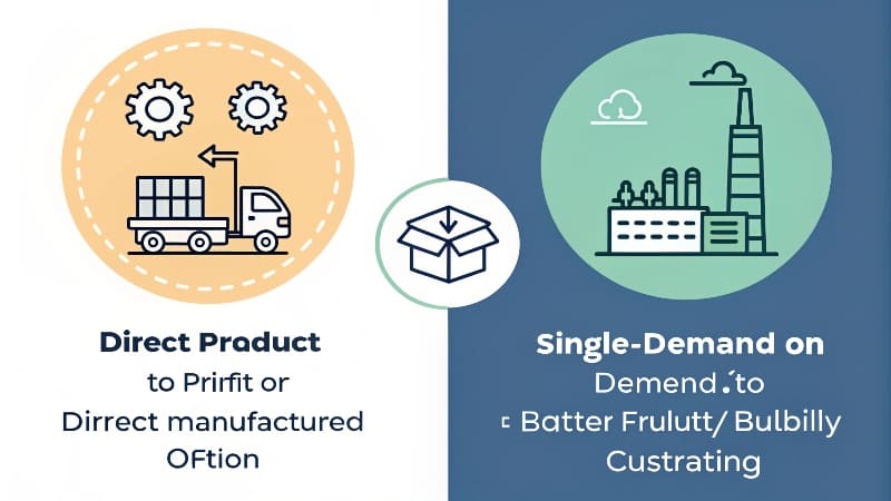 An illustration comparing one expensive box from a POD service to a large, cost-effective pallet of boxes from a factory.