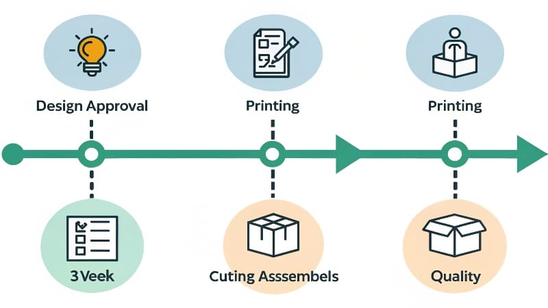 An assembly line in a packaging factory where workers are constructing and inspecting boxes.