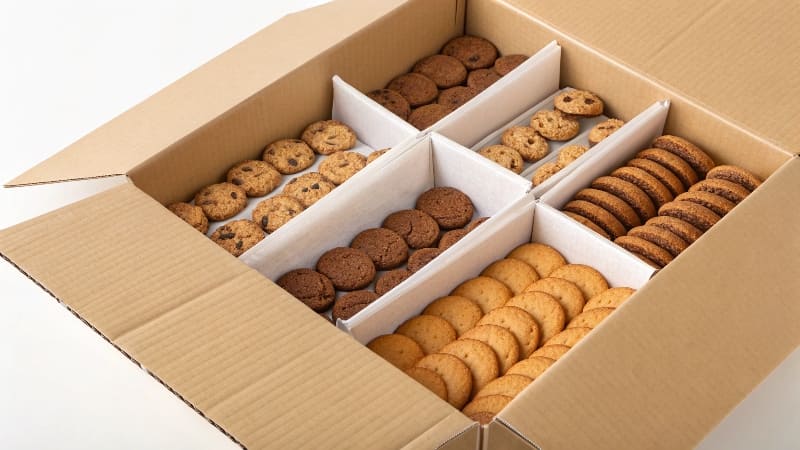 Packing Cookie Boxes into a Master Shipping Case A large cardboard shipping case being filled with smaller, consumer-facing cookie boxes.