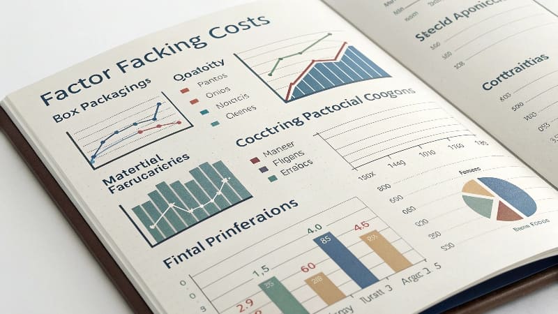 Calculating Box Packaging Costs A calculator and a specification sheet detailing the costs for a box order.