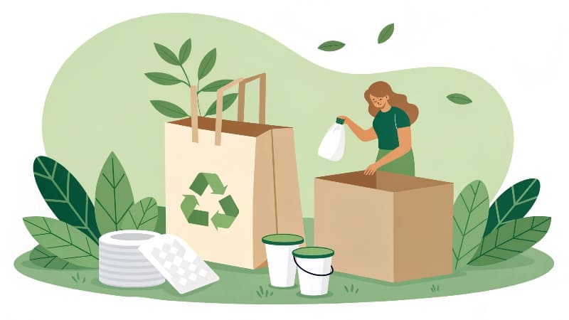 A collection of eco-friendly packaging materials, including recycled paper, corrugated board, and molded pulp.