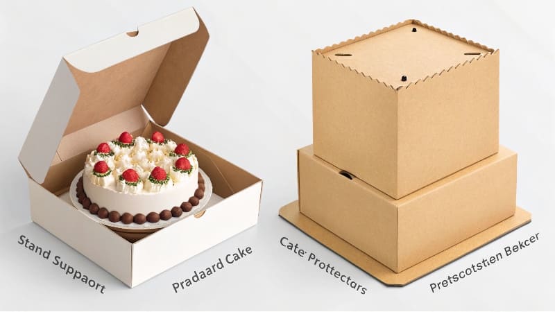 A strong corrugated cake base next to a tall folding box lid with a clear window.
