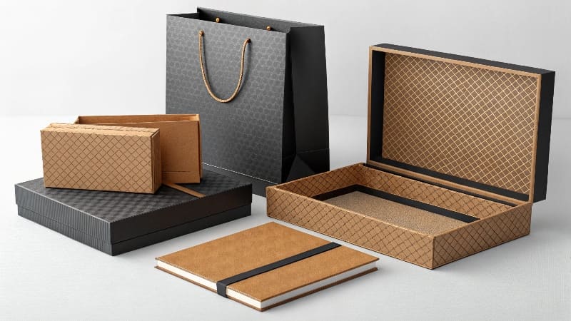 A stack of thick, premium paperboard materials alt with keywords