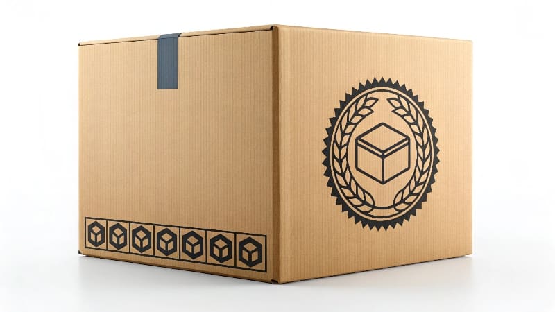 Clear Vector Logo on Box A close-up shot of a crisp, perfectly printed logo on a cardboard box.