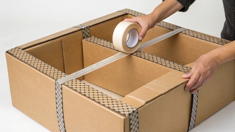 Reinforcing a Box with Corner Protectors A person placing cardboard corner protectors inside a shipping box before adding the product.