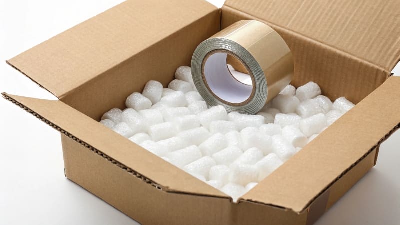 A product nestled snugly inside a box, surrounded by crinkle paper [void fill](https://wansapackaging.com/how-to-make-sure-my-boxes-are-sturdy-while-shipping-them/)<sup id=
