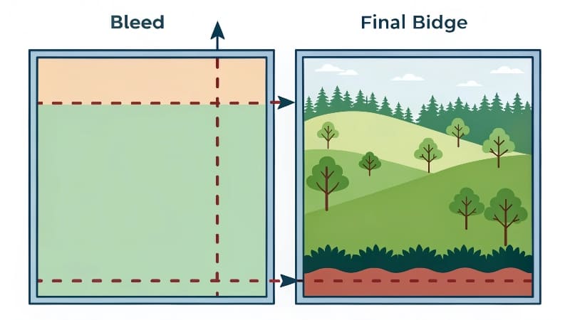 An illustration contrasting the bleed (outside) and margin (inside) of the trim line.