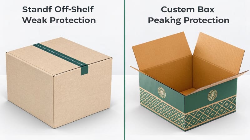 Stock Box vs. Custom Packaging Box A side-by-side comparison of a plain brown stock box and a vibrantly printed, uniquely shaped custom box.