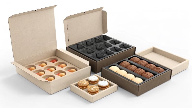 Custom Foam Insert in a Packaging Box An open luxury gift box with a precisely cut black foam insert holding a bottle and several small jars.