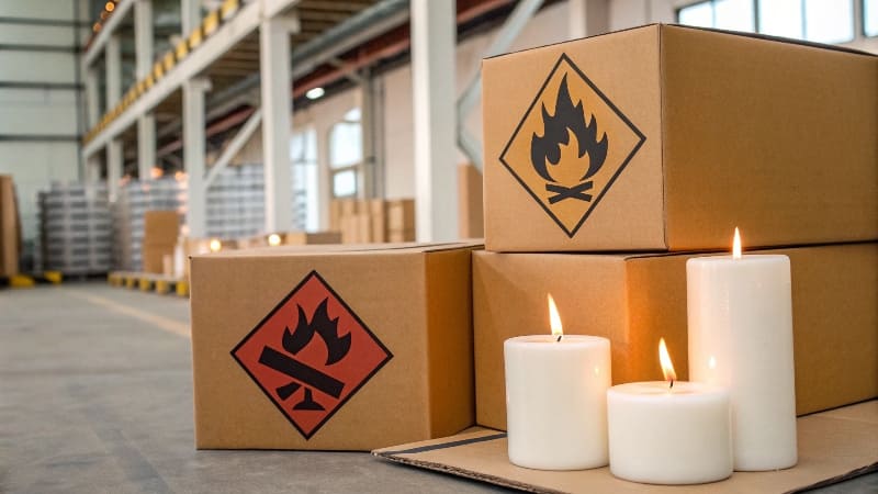 Candle Box Legal Warning Label A close-up of the bottom of a candle box showing a fire safety warning label with pictograms.