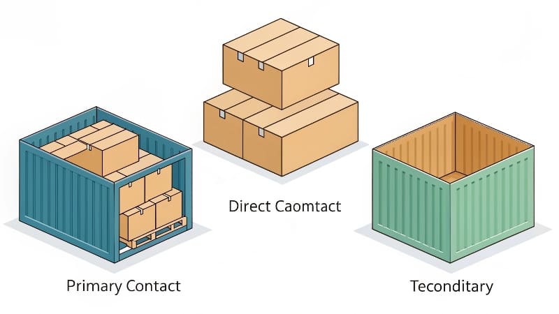 The Three Types of Packaging Explained A diagram showing the three levels of packaging: a single candy bar wrapper (Primary), a PDQ holding the bars (Secondary), and a large case holding multiple PDQs (Tertiary).