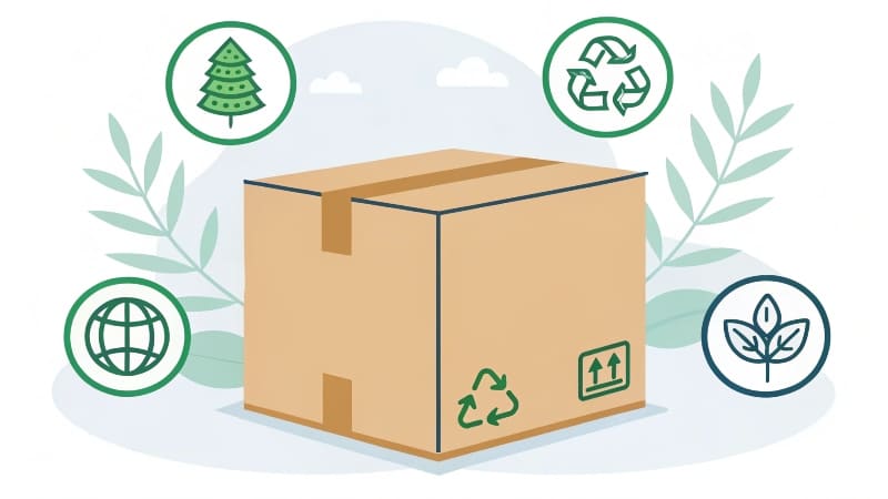 An FSC logo printed on a cardboard box alt with keywords