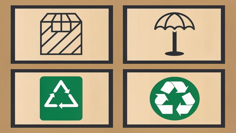 A collage of various packaging symbols like fragile, recycle, and FSC logo alt with keywords