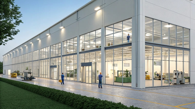 A Modern, Integrated Factory A clean, bright, and modern factory floor with organized workstations.