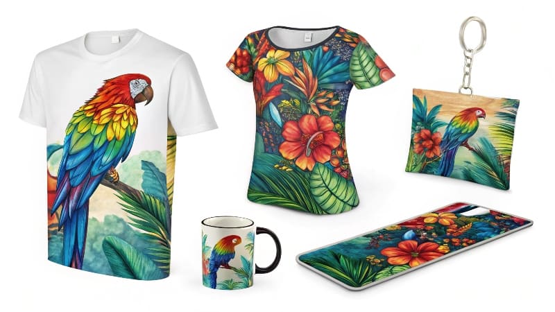 Products Made with Sublimation Ink A collection of sublimation products: a colorful mug, a vibrant t-shirt, a keychain, and a mousepad.