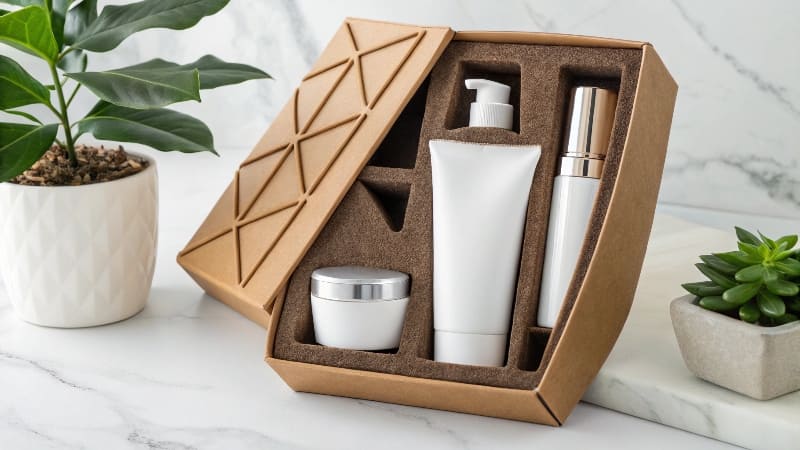 The Strategic Process of Custom Packaging Design A designer's desk with a mood board showing brand colors, logos, textures, and initial box sketches.