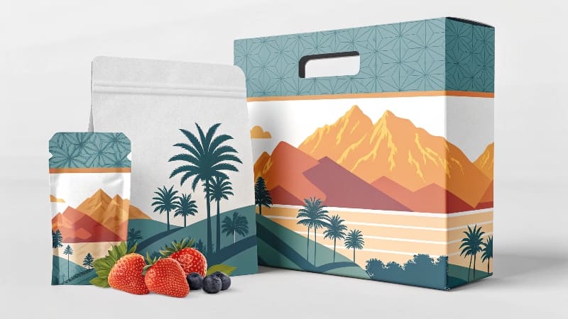 Graphic Design in Packaging A mood board showing color swatches, font choices, and graphic elements for a new packaging design project.