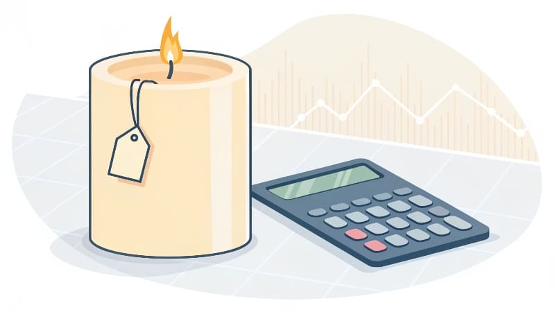 Candle Pricing Formula A calculator and a notepad showing a pricing formula next to a finished candle.