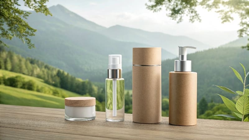 Eco-friendly packaging materials like recycled paper and glass alt with keywords