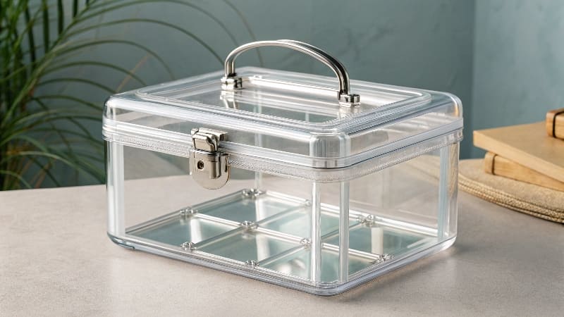 A crystal clear PET plastic box next to a slightly less clear PVC box alt with keywords