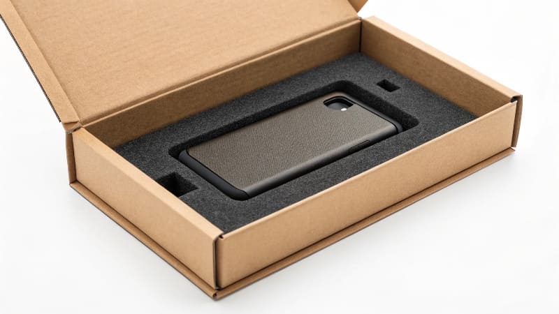 An open box showing a glass bottle held perfectly in place by a custom paperboard insert.