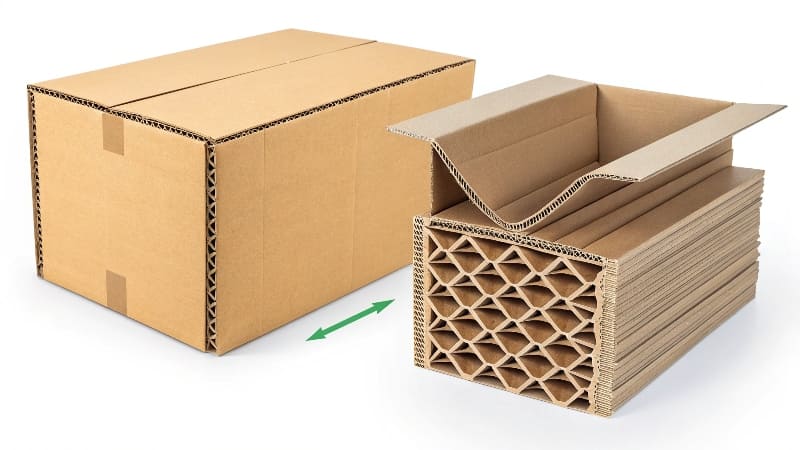 Cardboard vs. Corrugated Box A simple cardboard folding carton next to a strong, multi-layered corrugated shipping box.