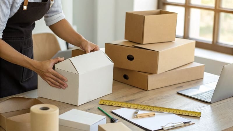 A cosmetic bottle being measured with calipers before a box is designed.