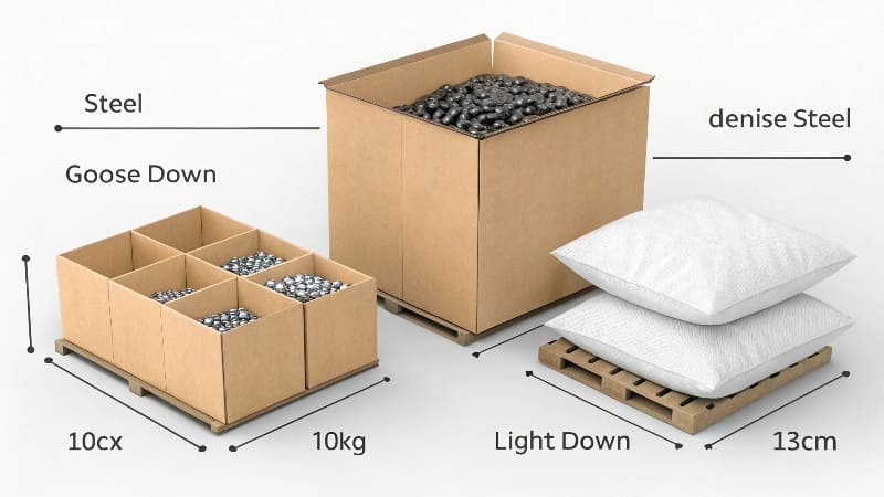 Box Size Depends on Density, Not Weight Two very different boxes side-by-side: a small, compact one with a dumbbell icon and a very large one with a pillow icon, both labeled "10 KG".