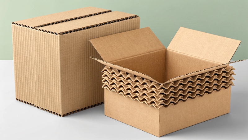 The Ecosystem of Packaging Materials A display showing different levels of packaging: a glass jar of cream (primary), the paperboard box it sits in (secondary), and a corrugated case with a handle holding multiple products (secondary gift set).