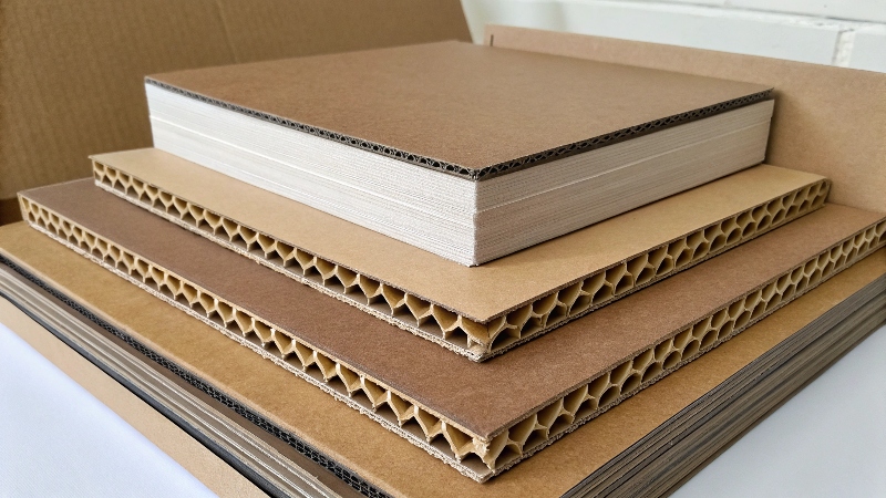 A close-up image showing the difference between a solid piece of paperboard and the layered, wavy structure of [corrugated cardboard](https://wansapackaging.com/which-packaging-boxes-are-better-rigid-boxes-or-kraft-boxes/)<sup id=