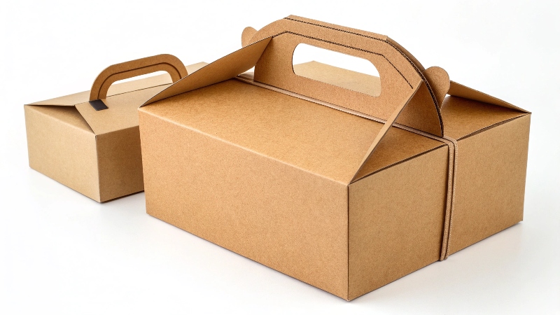 A collection of custom boxes featuring different handle types: a [die-cut handle](https://wansapackaging.com/how-to-design-custom-bakery-boxes/)<sup id=