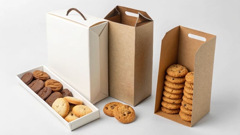 Comparing the Best Packaging Options for Cookies A side-by-side comparison of a rigid cookie box, a printed paperboard box, and a kraft paper cookie bag.