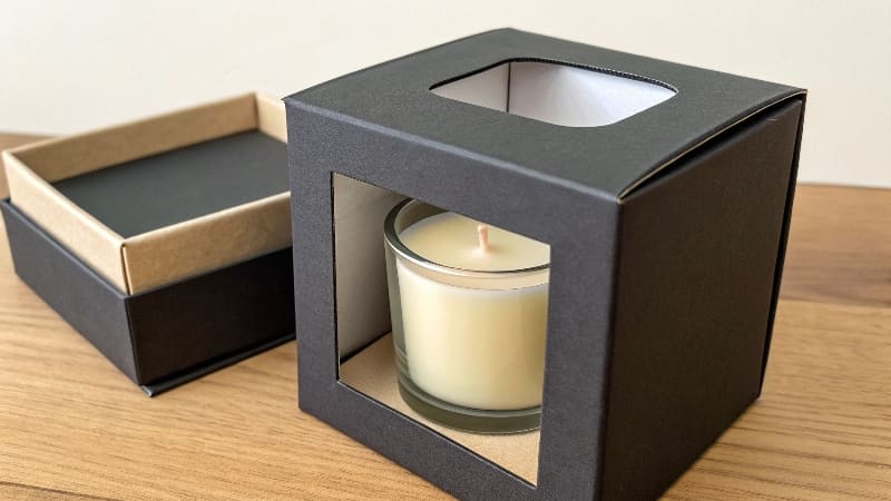 Common Packaging for Candles A collection of different styles of candle boxes, some solid, some with windows.