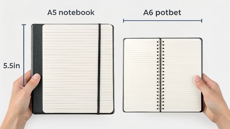An [A5](https://primaberry.com/blogs/blog/why-a5-notebooks-are-a-must-have-tool-for-productivity-and-organisation?srsltid=AfmBOoq0r2ZOk-Kfu8CLHuc2CFQPpLEUK8PFxJUVXv79NN9kh66qz9cS)<sup id=