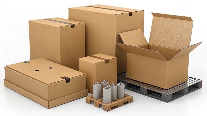 A display of various custom-sized [corrugated box](https://wansapackaging.com/which-packaging-boxes-are-better-rigid-boxes-or-kraft-boxes/)<sup id=