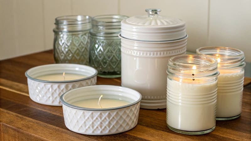 Best Containers for Candles A lineup of elegant candle containers: a thick glass jar, a glazed ceramic pot, and a seamless metal tin.