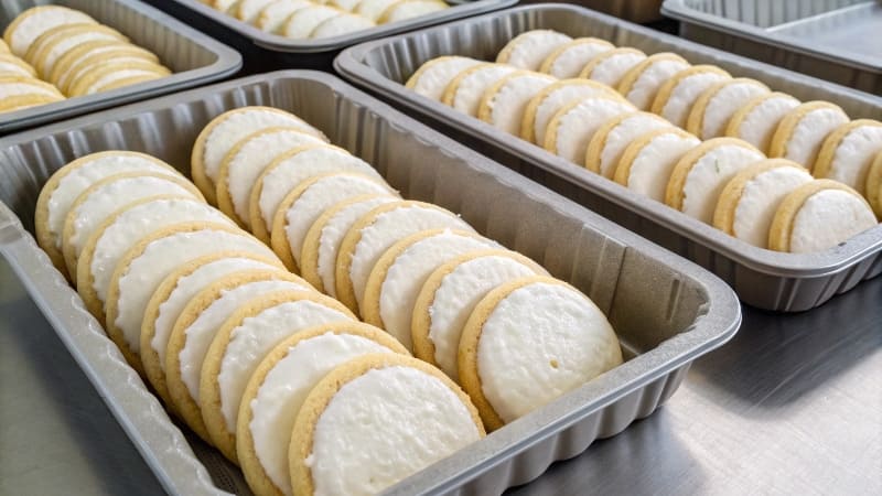 Protective Trays Inside a Cookie Box An open cookie box showing a clear plastic tray where each cookie sits in its own molded compartment.
