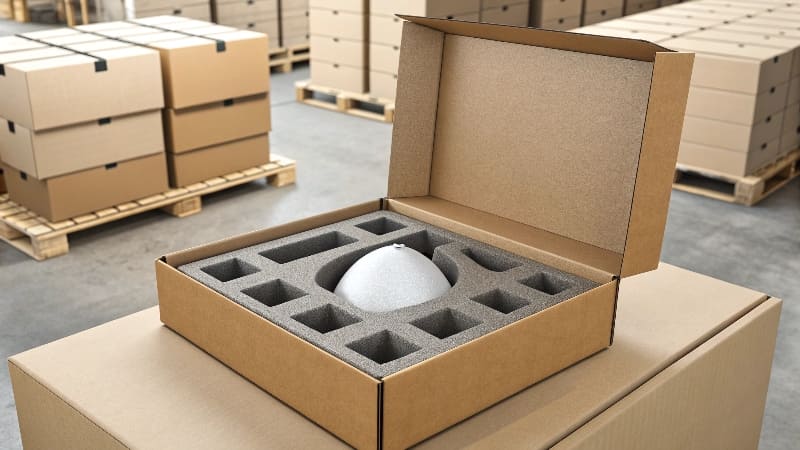 A custom box with a perfectly fitting foam insert securely holding a glass bottle.