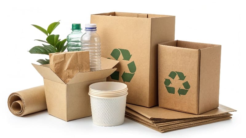 Eco-Friendly Paper Packaging A simple, unbleached kraft paper box with a green leaf logo on it.